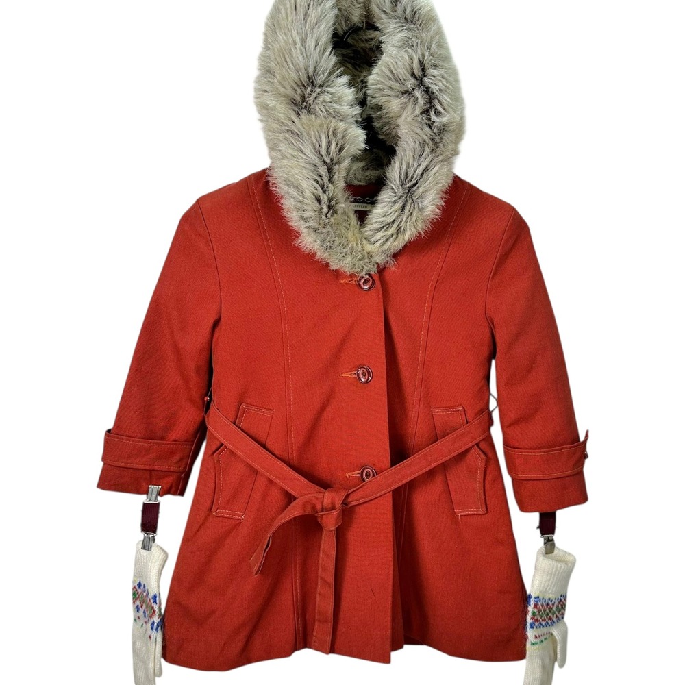 Vintage Emily Leffler Girls Rust‎ Faux Fur Hood Coat Belt Gloves Sz 6-7 Boutique - Picture 8 of 16